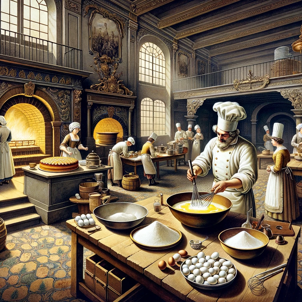 DALL&middot;E 2024 05 21 20.07.21 A detailed illustration of the creation of Pan di Spagna in the mid 18th century. The scene is set in a grand kitchen of a Spanish royal palace with